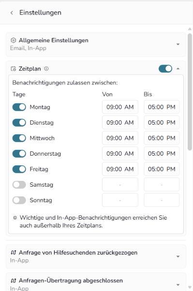 Lucoyo-Einstellungen für Wochentage, Zeitfenster und Benachrichtigungskanäle