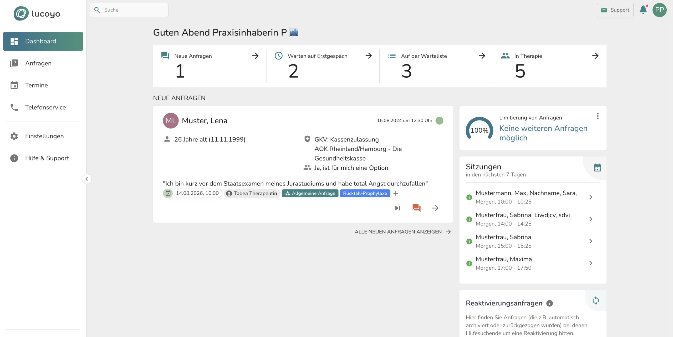 Dashboard des Lucoyo-Testaccounts mit Anfragen, Warteliste und Terminen