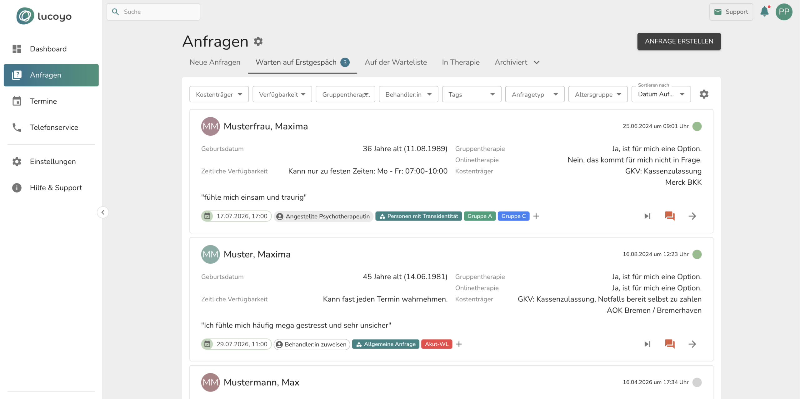 Lucoyo-Ansicht für Patientenanfragen und Wartelisten