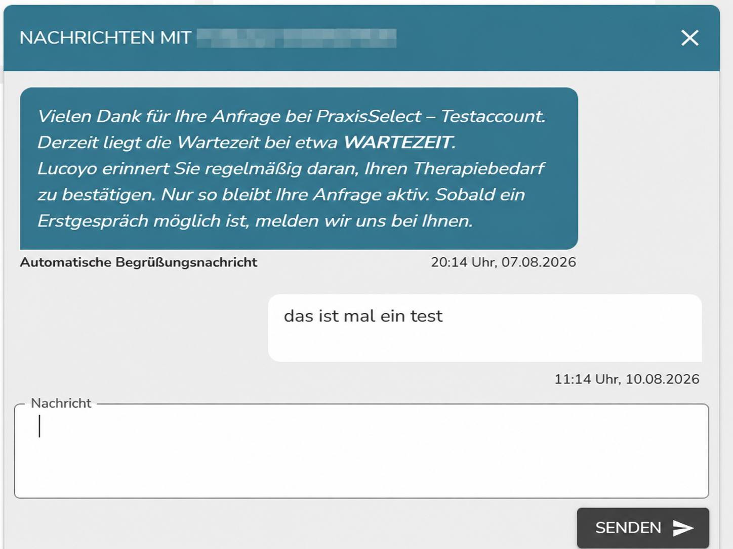 Nachrichtenansicht im Lucoyo-Testaccount mit automatischer Begrüßungsnachricht und Eingabefeld