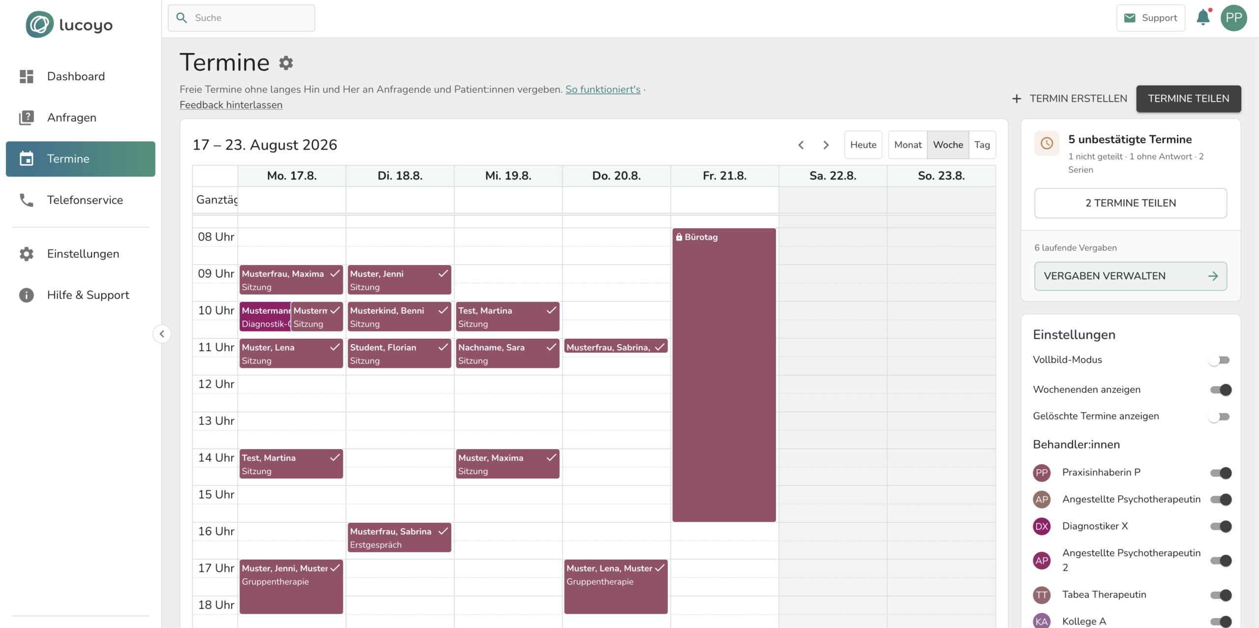 Lucoyo-Terminkalender mit mehreren Behandlerinnen und Behandlern